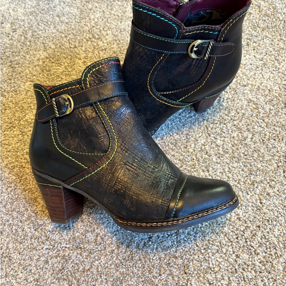 Black Ankle Boots with Colorful Stitching